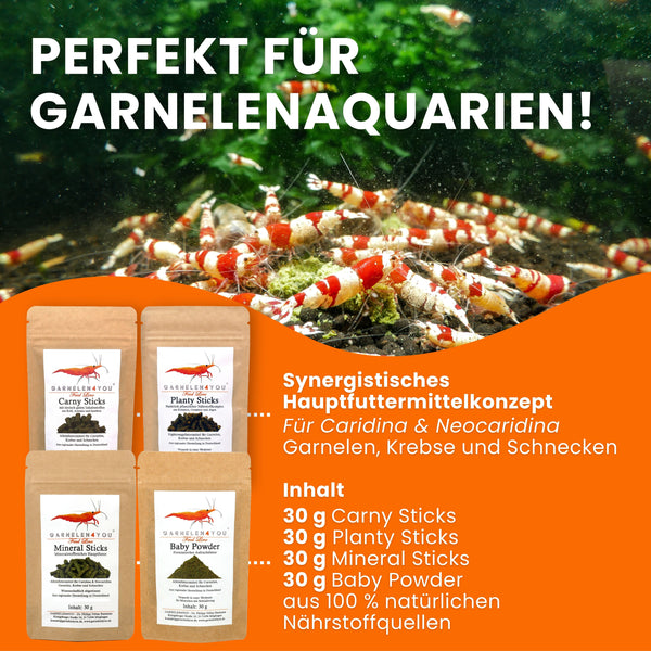 GARNELEN4YOU® Hauptfutter-Bundle: Carny & Planty & Mineral Sticks + Baby Powder für Caridina Garnelen | Premium Garnelen-Hauptfutter