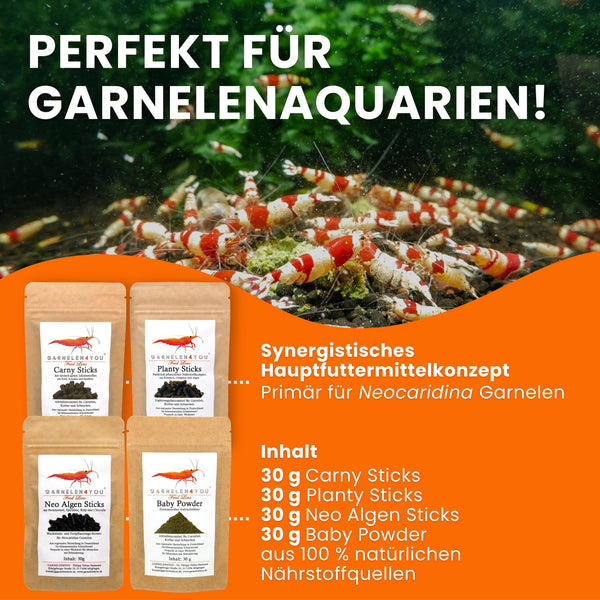 GARNELEN4YOU® Hauptfutter-Bundle: Carny & Planty & Neo Algen Sticks + Baby Powder für Neocaridina Garnelen | Premium Garnelen-Hauptfutter