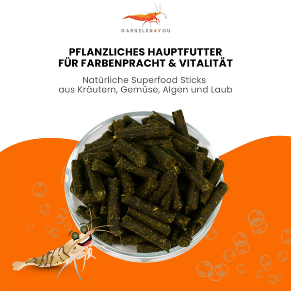 GARNELEN4YOU® Planty Sticks | pflanzliches Hauptfutter | Premium Garnelenfutter
