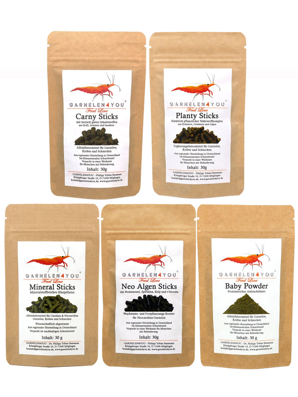 GARNELEN4YOU® Hauptfutter-Bundle: Carny & Planty & Neo Algen Sticks & Mineral Sticks + Baby Powder für Neocaridina Garnelen | Premium Garnelen-Hauptfutter