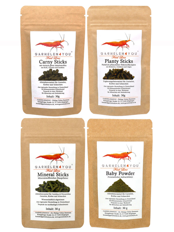 GARNELEN4YOU® Hauptfutter-Bundle: Carny & Planty & Mineral Sticks + Baby Powder für Caridina Garnelen | Premium Garnelen-Hauptfutter