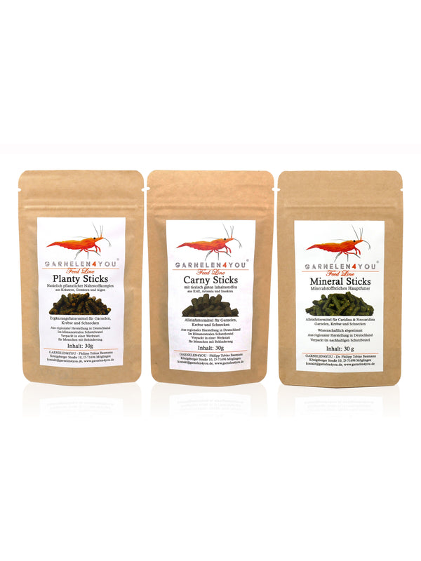 GARNELEN4YOU® Hauptfutter-Bundle: Carny & Planty & Mineral Sticks für Caridina Garnelen | Premium Garnelen-Hauptfutter