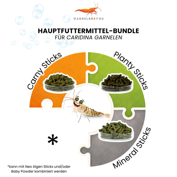 GARNELEN4YOU® Hauptfutter-Bundle: Carny & Planty & Mineral Sticks für Caridina Garnelen | Premium Garnelen-Hauptfutter