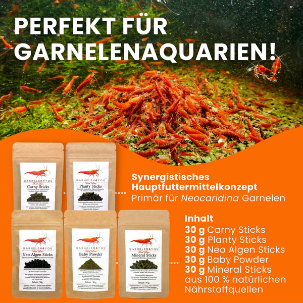 GARNELEN4YOU® Hauptfutter-Bundle: Carny & Planty & Neo Algen Sticks & Mineral Sticks + Baby Powder für Neocaridina Garnelen | Premium Garnelen-Hauptfutter