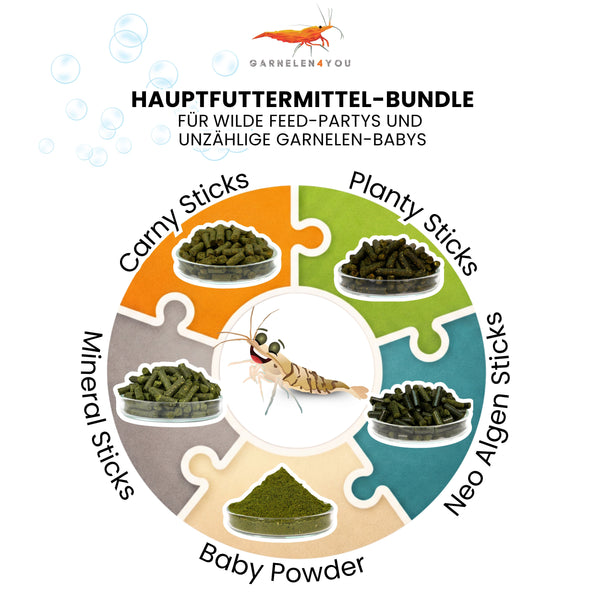 GARNELEN4YOU® Hauptfutter-Bundle: Carny & Planty & Neo Algen Sticks & Mineral Sticks + Baby Powder für Neocaridina Garnelen | Premium Garnelen-Hauptfutter