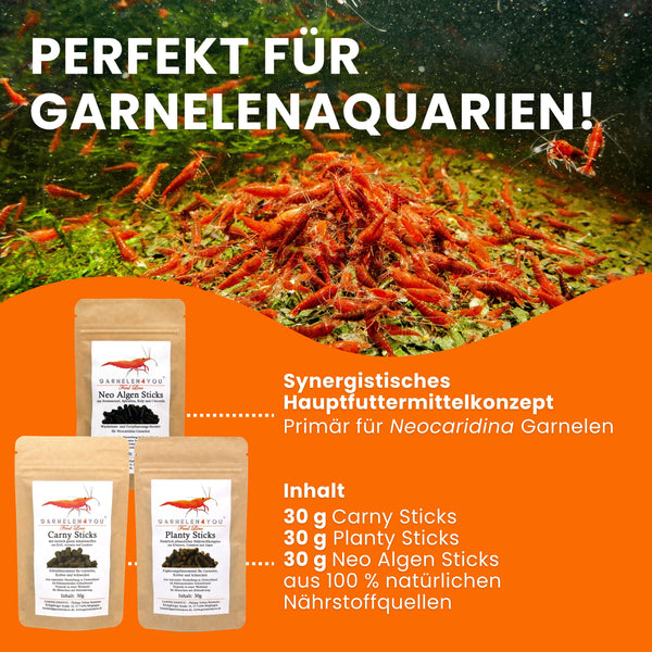 GARNELEN4YOU® Hauptfutter-Bundle: Carny & Planty & Neo Algen Sticks für Neocaridina Garnelen | Premium Garnelen-Hauptfutter