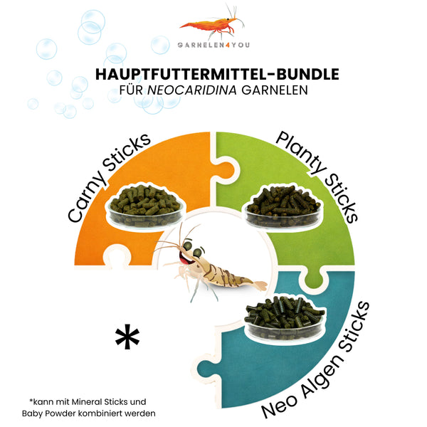 GARNELEN4YOU® Hauptfutter-Bundle: Carny & Planty & Neo Algen Sticks für Neocaridina Garnelen | Premium Garnelen-Hauptfutter