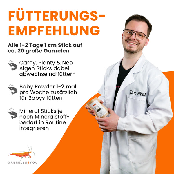 GARNELEN4YOU® Hauptfutter-Bundle: Carny & Planty & Neo Algen Sticks & Mineral Sticks + Baby Powder für Neocaridina Garnelen | Premium Garnelen-Hauptfutter