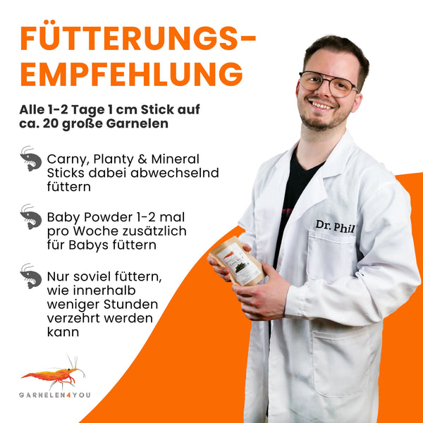 GARNELEN4YOU® Hauptfutter-Bundle: Carny & Planty & Mineral Sticks + Baby Powder für Caridina Garnelen | Premium Garnelen-Hauptfutter